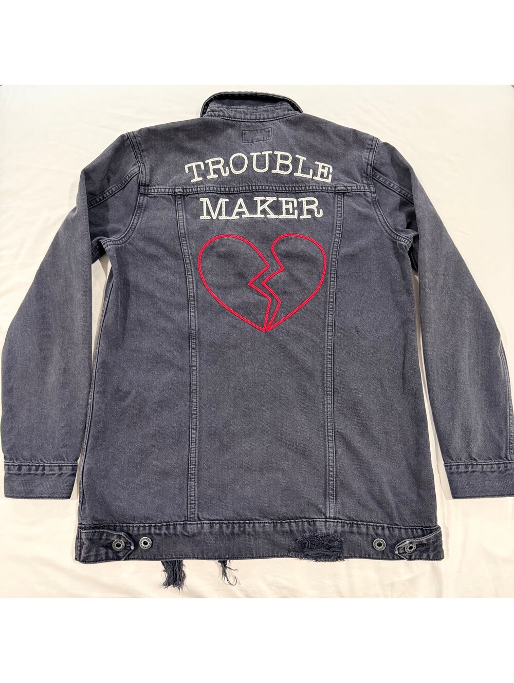 Lucky Brand Women S Gray Denim Trucker Jacket Trouble Maker Embroidered